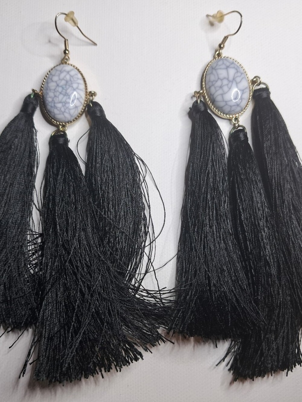 Boho Black Three-Tier Tassel Earrings White Marble Oval Drop